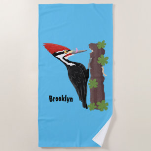 Cue funny Pileated woodpecker cartoon illustration Beach Towel
