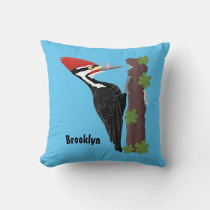 Cue funny Pileated woodpecker cartoon illustration Cushion