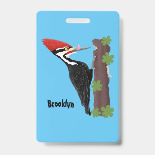 Cue funny Pileated woodpecker cartoon illustration ID Badge