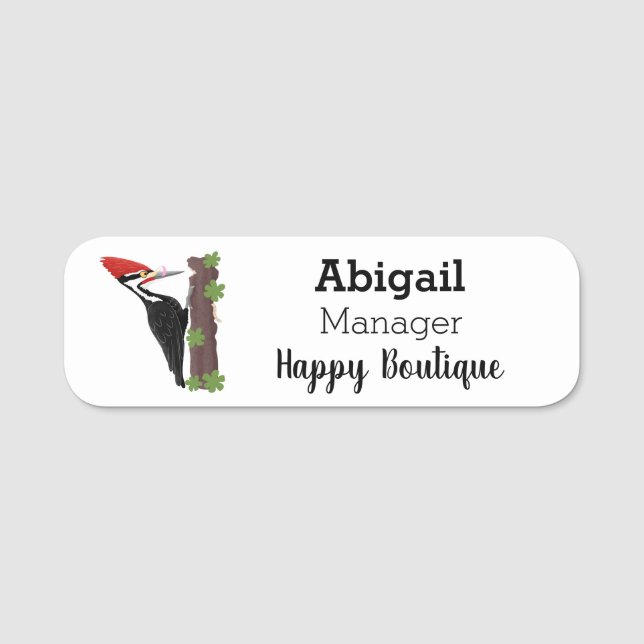 Cue funny Pileated woodpecker cartoon illustration Name Tag (Front)