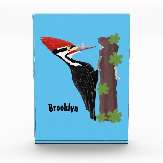 Cue funny Pileated woodpecker cartoon illustration Photo Block (Front)