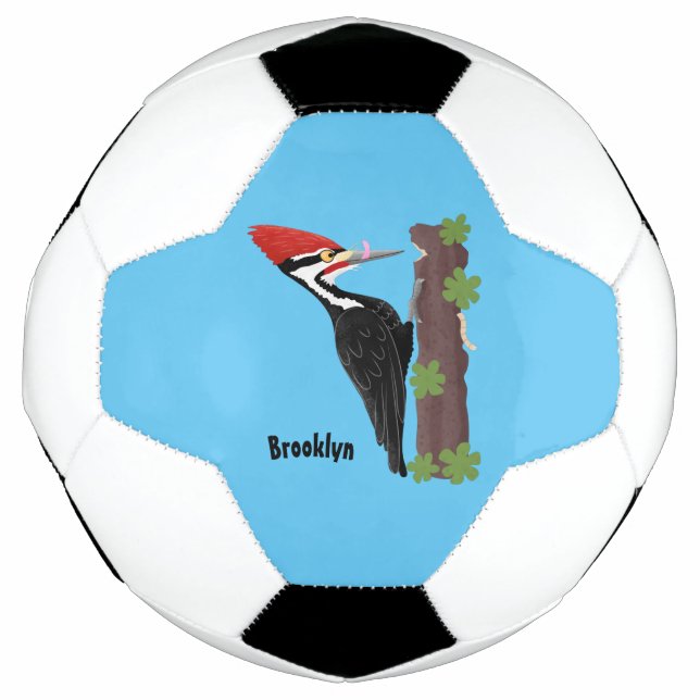 Cue funny Pileated woodpecker cartoon illustration Soccer Ball (Front)