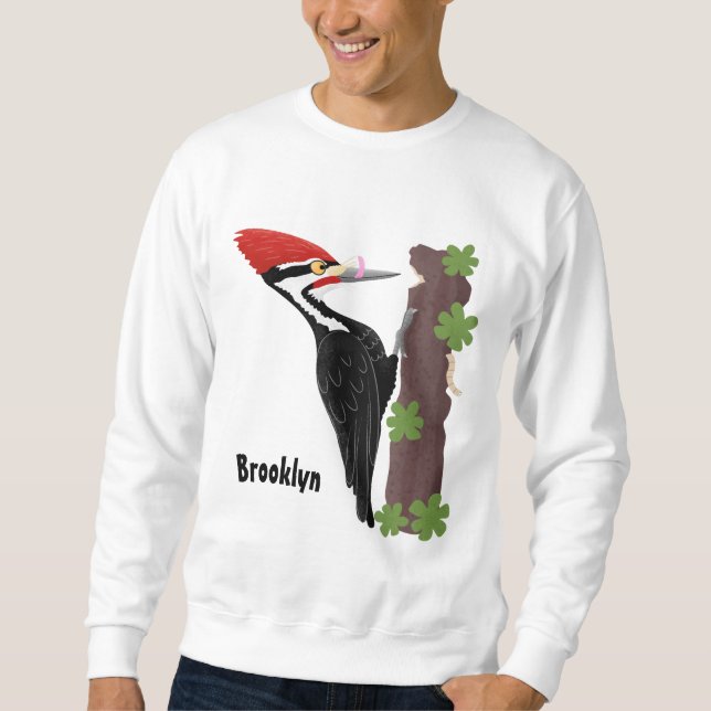 Cue funny Pileated woodpecker cartoon illustration Sweatshirt (Front)
