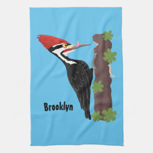 Cue funny Pileated woodpecker cartoon illustration Tea Towel