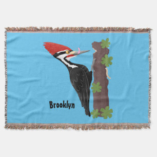 Cue funny Pileated woodpecker cartoon illustration Throw Blanket