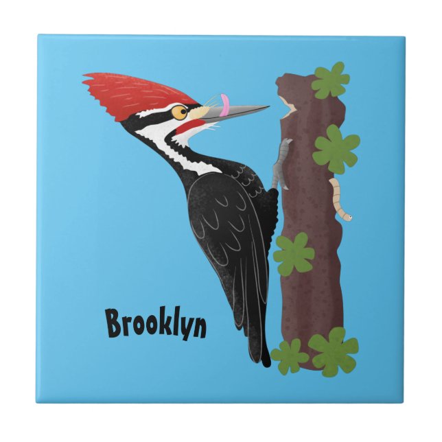 Cue funny Pileated woodpecker cartoon illustration Tile (Front)