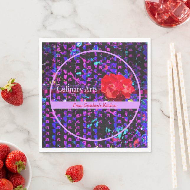 Culinary Arts Purples Abstract Pattern w/Red Rose Napkin (Insitu)