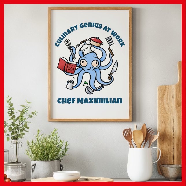 Culinary Genius at Work Cute Cartoon Chef Octopus Poster (Culinary genius cartoon octopus on kitchen wall)