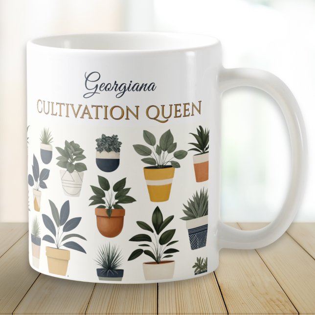Cultivation Queen Plants Gardening  Coffee Mug (A chic mug with 'Cultivation Theme words, personalized name and pattern of green plants in pots)
