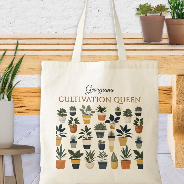 Cultivation Queen Plants Gardening  Tote Bag (A tote bag with pattern of potted plants, 'Cultivation Queen' words and personalized script name)