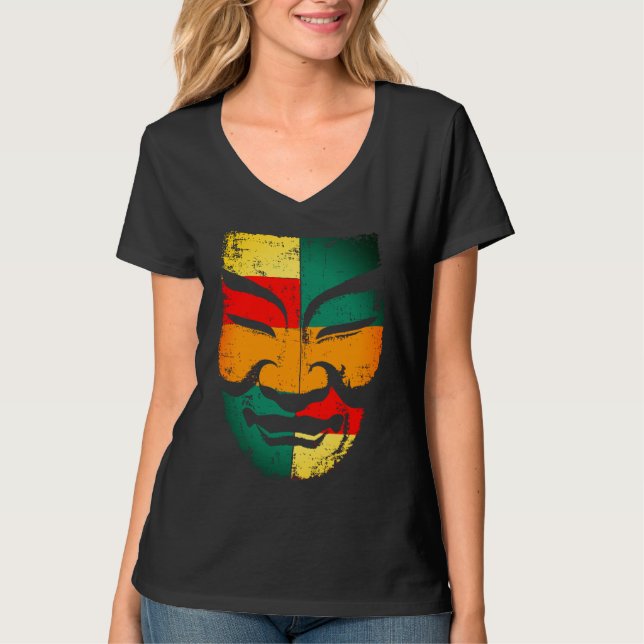 Cultural Mask Design Tee – Vintage Distressed Look (Front)