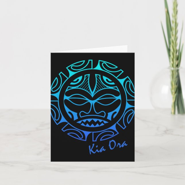 Culture Face Symbol Blue, Haka Kia Ora Dance New Z Card (Front)