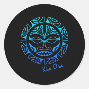 Culture Face Symbol Blue, Haka Kia Ora Dance New Z Classic Round Sticker