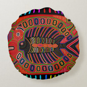 Cuna Indian Mola Flying Fish Round Cushion