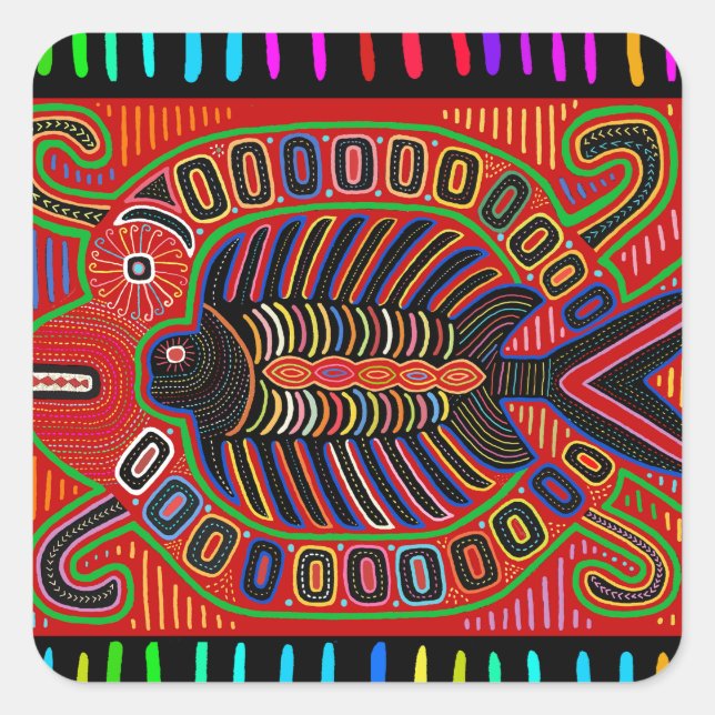 Cuna Indian Mola Flying Fish Square Sticker (Front)