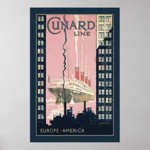 Cunard Line Europe America Vintage Travel Poster