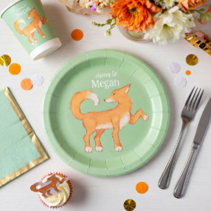 Cunning Fox Mint Green Personalised Birthday Paper Plate