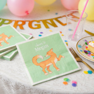Cunning Fox Mint Green Personalized Birthday Paper Napkin