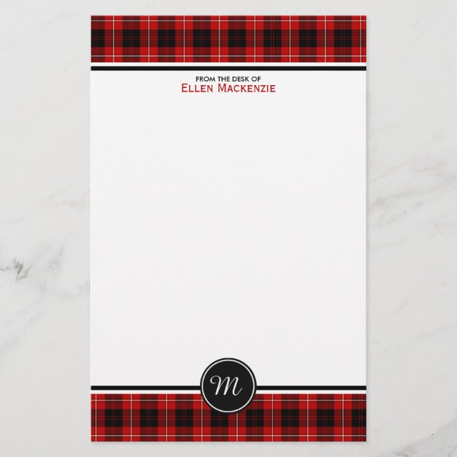 Cunningham Clan Tartan Red and Black Monogram Stationery (Front)