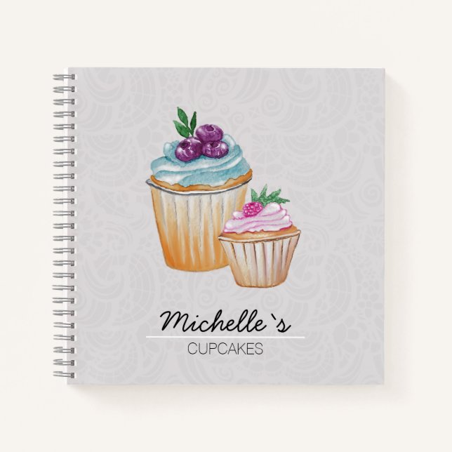 Cup Cakes And Fruits Watercolor Pattern Notebook (Front)