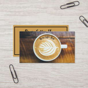 Cup of Coffee Latte Leaf-Shape Foam on Wood Name Business Card