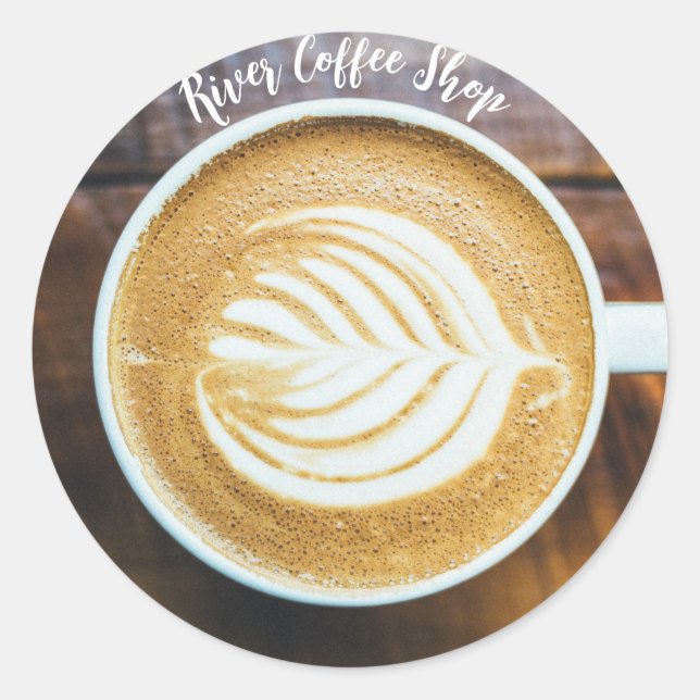 Cup of Coffee Latte Leaf-Shape Foam on Wood Name Classic Round Sticker (Front)