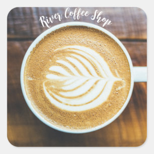 Cup of Coffee Latte Leaf-Shape Foam on Wood Name Square Sticker