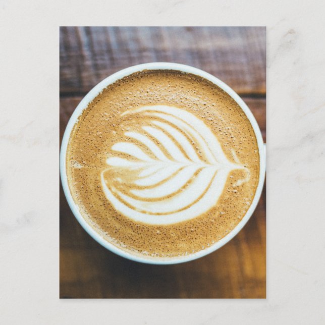Cup of Coffee Latte with Leaf-Shape Foam on Wood Postcard (Front)