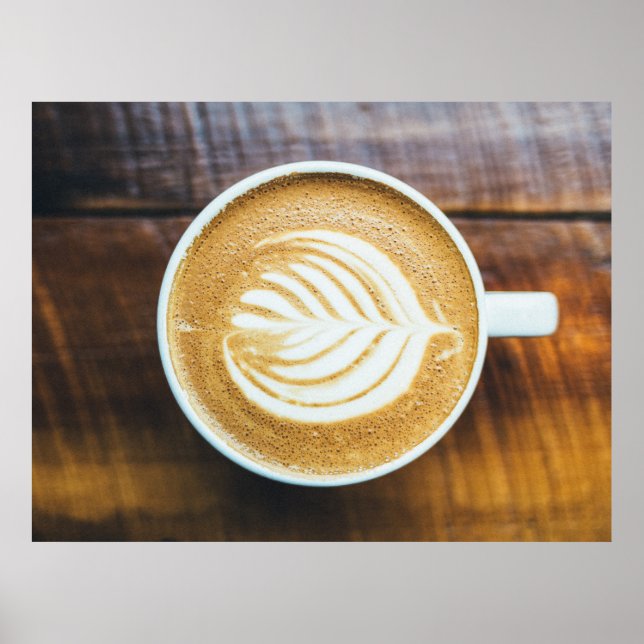 Cup of Coffee Latte with Leaf-Shape Foam on Wood Poster (Front)
