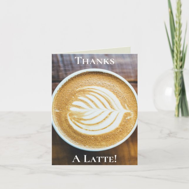Cup of Coffee Latte with Leaf-Shape Foam on Wood Thank You Card (Front)