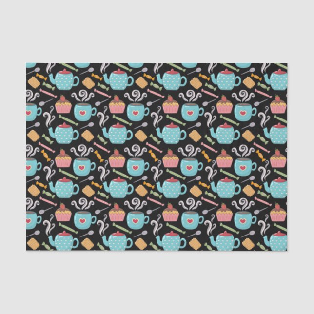 Cup of Coffee Tea Biscuit Cupcake Teapot Black  Tissue Paper (Front)