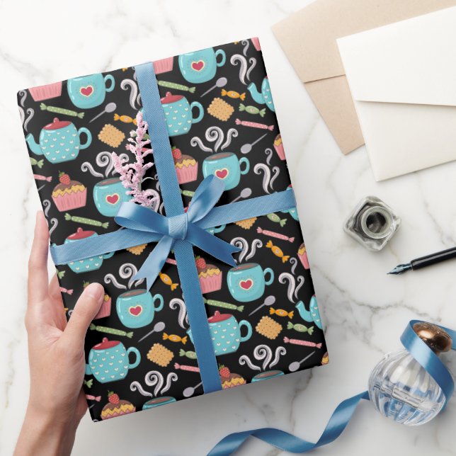 Cup of Coffee Tea Biscuit Cupcake Teapot Black Wrapping Paper (Gifting)