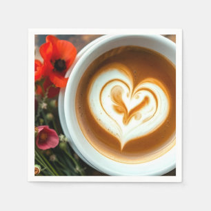 Cup Of Hot Coffee With Heart Shape Latte Art Napkin