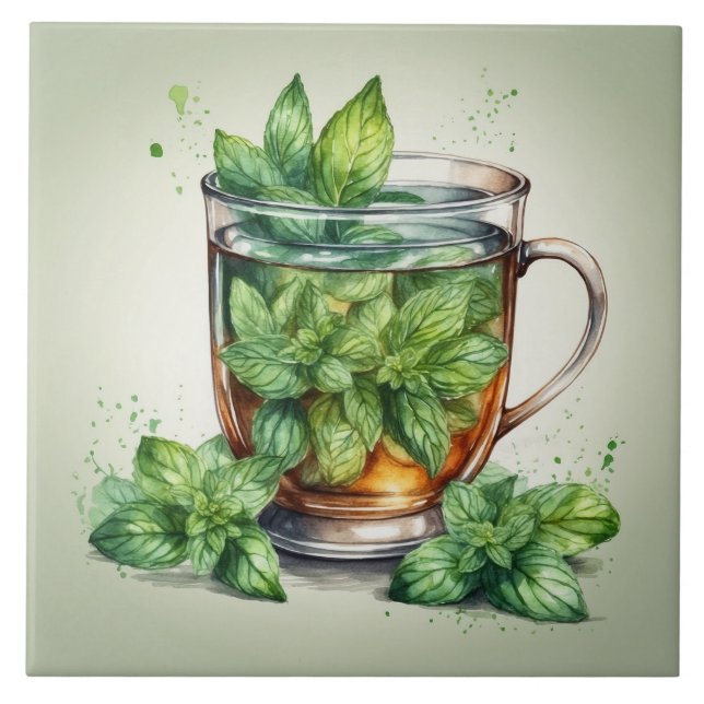 Cup of Mint Tea with Fresh Peppermint Leaves Tile (Front)