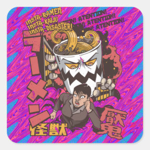 Cup of Ramen Noodle Monster Catching Japanese Girl Square Sticker