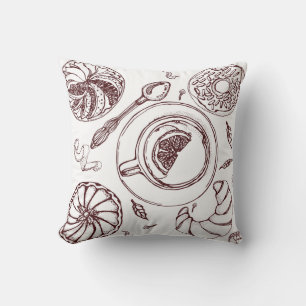 Cup of tea, a pastry, croissant, vintage, hand cushion
