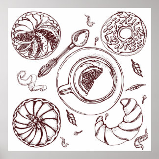 Cup of tea,  a pastry,  croissant,  vintage,  hand poster