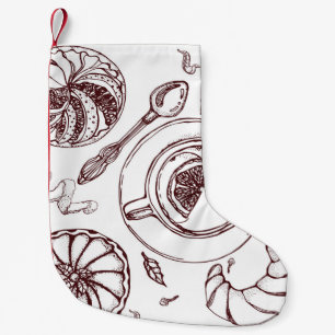 Cup of tea, a pastry, croissant, vintage, hand small christmas stocking
