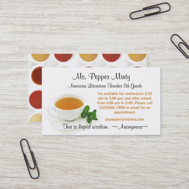 Cup of Tea Liquid Wisdom Teacher Info Business Card (Front/Back In Situ)