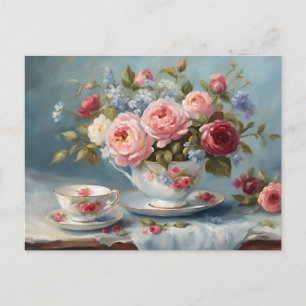 Cup of Tea with Beautiful Flowers  Postcard