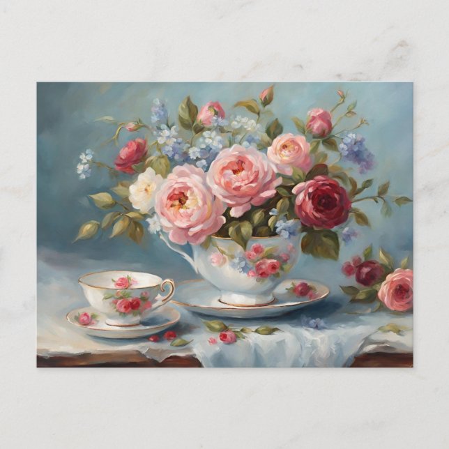 Cup of Tea with Beautiful Flowers  Postcard (Front)