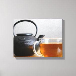 Cup of Tea with Black Metal Tea Kettle 11x14 Canvas Print