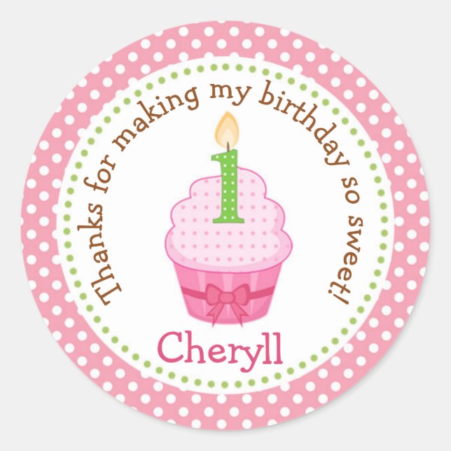 Cupcake 1st Birthday Thank You Stickers (Pink) (Front)