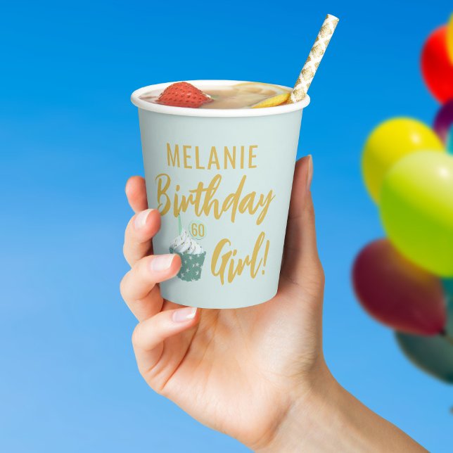 Cupcake 60th Birthday Girl Mint Green 8oz Paper Cups (Happy Birthday! Add your name and age to this cute cupcake birthday party paper cup)