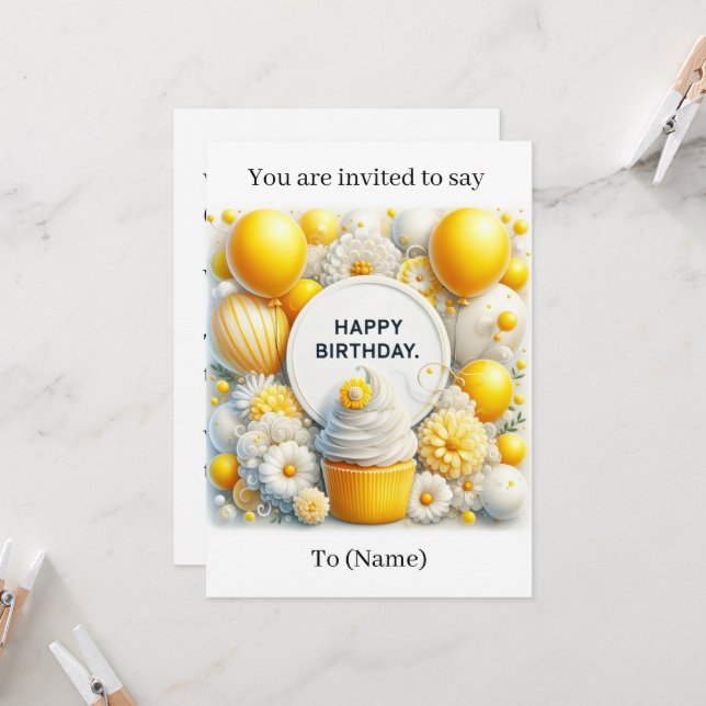 cupcake and balloon birthday invitation card  (Front/Back In Situ)