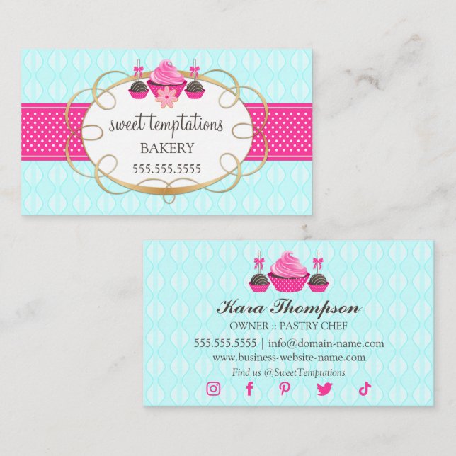 Cupcake and Cake Pops Aqua Pink Business Card (Front/Back)