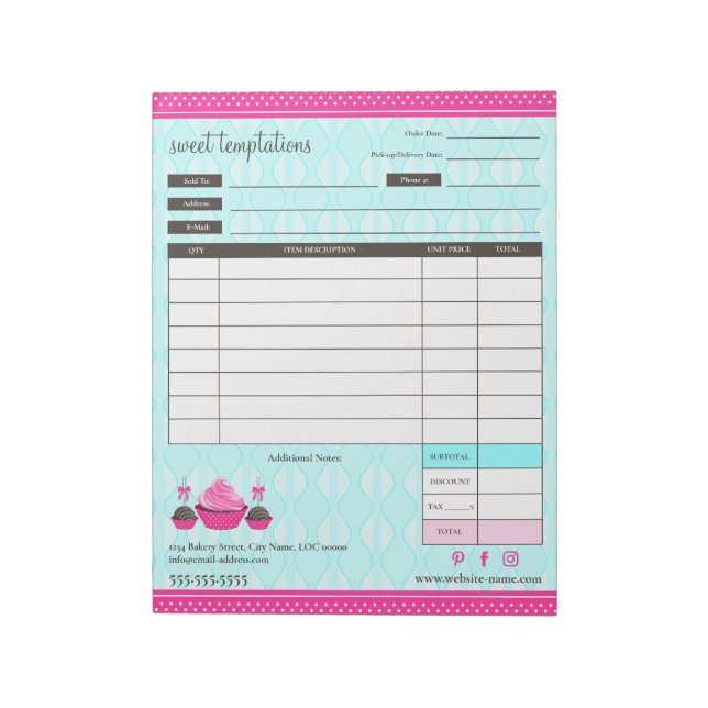 Cupcake and Cake Pops Receipt Order Form Notepad (Rotated)