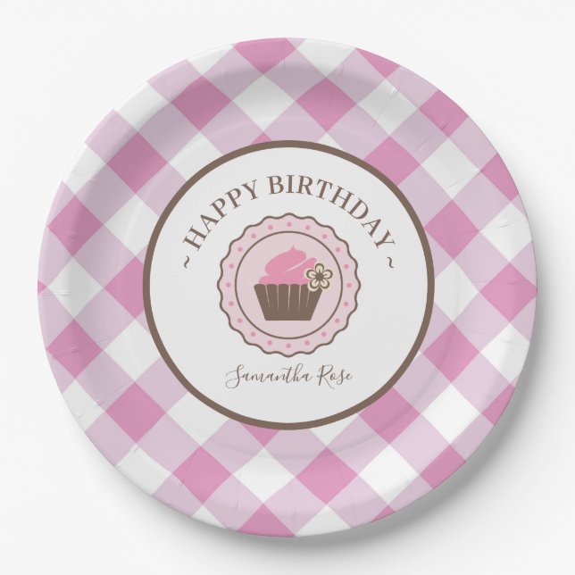 Cupcake and Pink Gingham BBQ Paper Plate (Front)