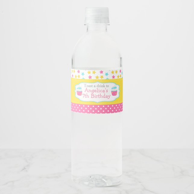 Cupcake and Sprinkles Birthday Party Water Bottle Label (Front)
