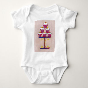 Cupcake Art Print with Cherry and Pink Background Baby Bodysuit